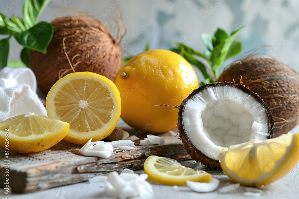 Close-up of fresh coconut and sliced lime on wooden table