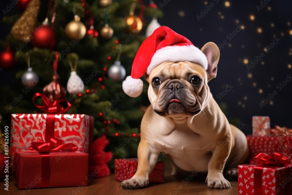 Photo of a French Bulldog wearing a New Year's hat, sitting next to a festive Christmas tree, eagerly awaiting the opening of presents
Photo of a French Bulldog wearing a New Year's hat, sitting next to a festive Christmas tree, eagerly awaiting the opening of presents
