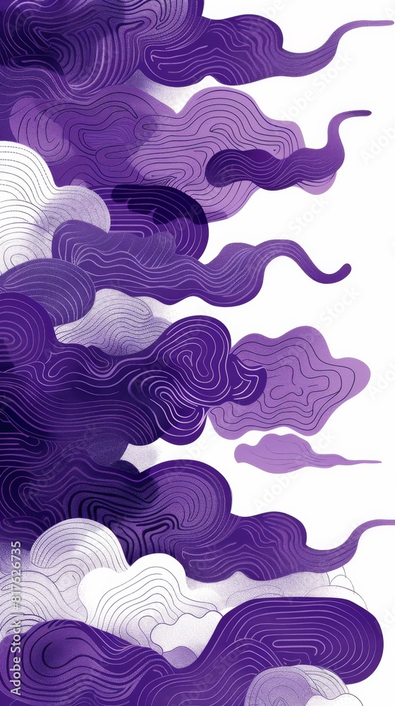 The image is a purple and white drawing of clouds with a purple line in the middle. Scene is dreamy and whimsical