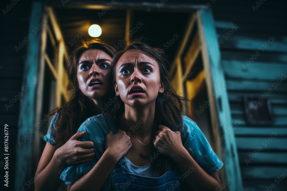 Photo of a lesbian couple exploring a haunted house attraction, clinging to each other in fear as they encounter terrifying surprises around every corner, their hearts racing with excitement
Photo of a lesbian couple exploring a haunted house attraction, clinging to each other in fear as they encounter terrifying surprises around every corner, their hearts racing with excitement
