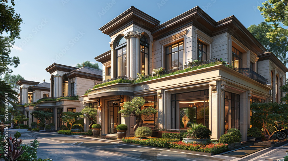 A beautifully restored Art Deco-style townhouse with a glamorous, geometric-patterned façade, situated in a trendy city neighborhood. A beautifully restored Art Deco-style townhouse with a glamorous, geometric-patterned façade, situated in a trendy city neighborhood.