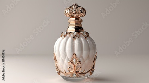 Package on white background, Luxury perfume bottle with an ornate cap, set on a die-cut white background. surrealistic Illustration image, © DARIKA