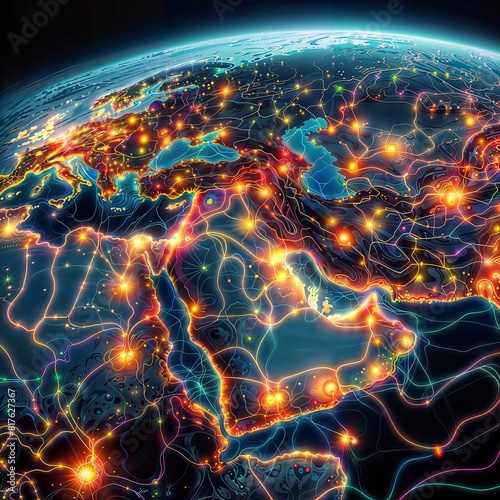 Detailed map of Western Asia, vividly depicting energy generation and consumption nodes, with vibrant lines marking electricity transmission paths. photo