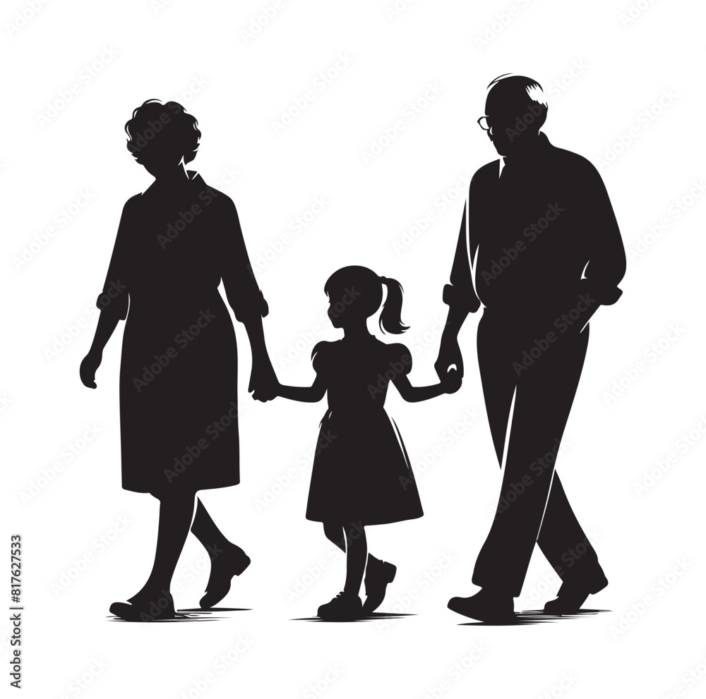 Silhouette  of grandparents walking with 
granddaughter Illustration icon vector