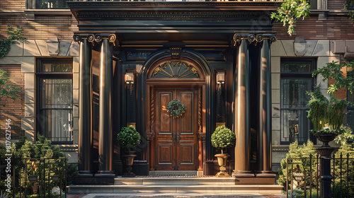 A beautifully restored Georgian-style townhouse with a stately, symmetrical faÃ§ade, complete with ornate woodwork and classical details, in a historic city neighborhood. photo