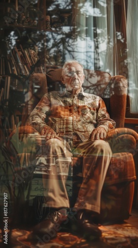 A man is sitting in a chair in front of a window. He is wearing a plaid shirt and khaki pants. The chair is brown and has a wooden frame