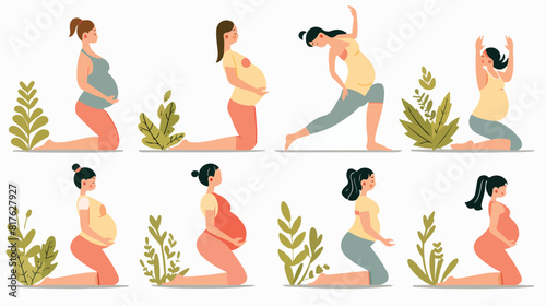 Pregnant women doing prenatal yoga exercises set. Mot