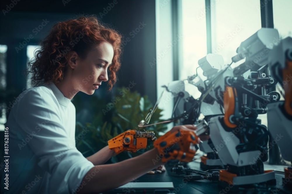 Engineer examining robotic arm in office Engineer examining robotic arm in office