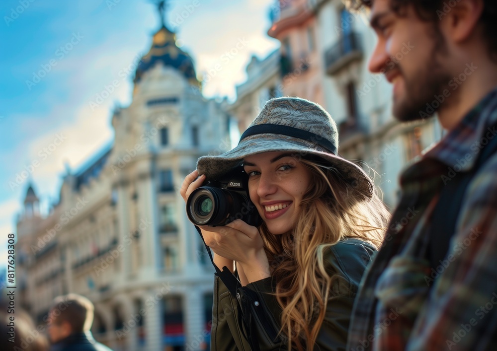 Fototapeta premium Young Female Photographer Taking Pictures Outdoors with DSLR Camera