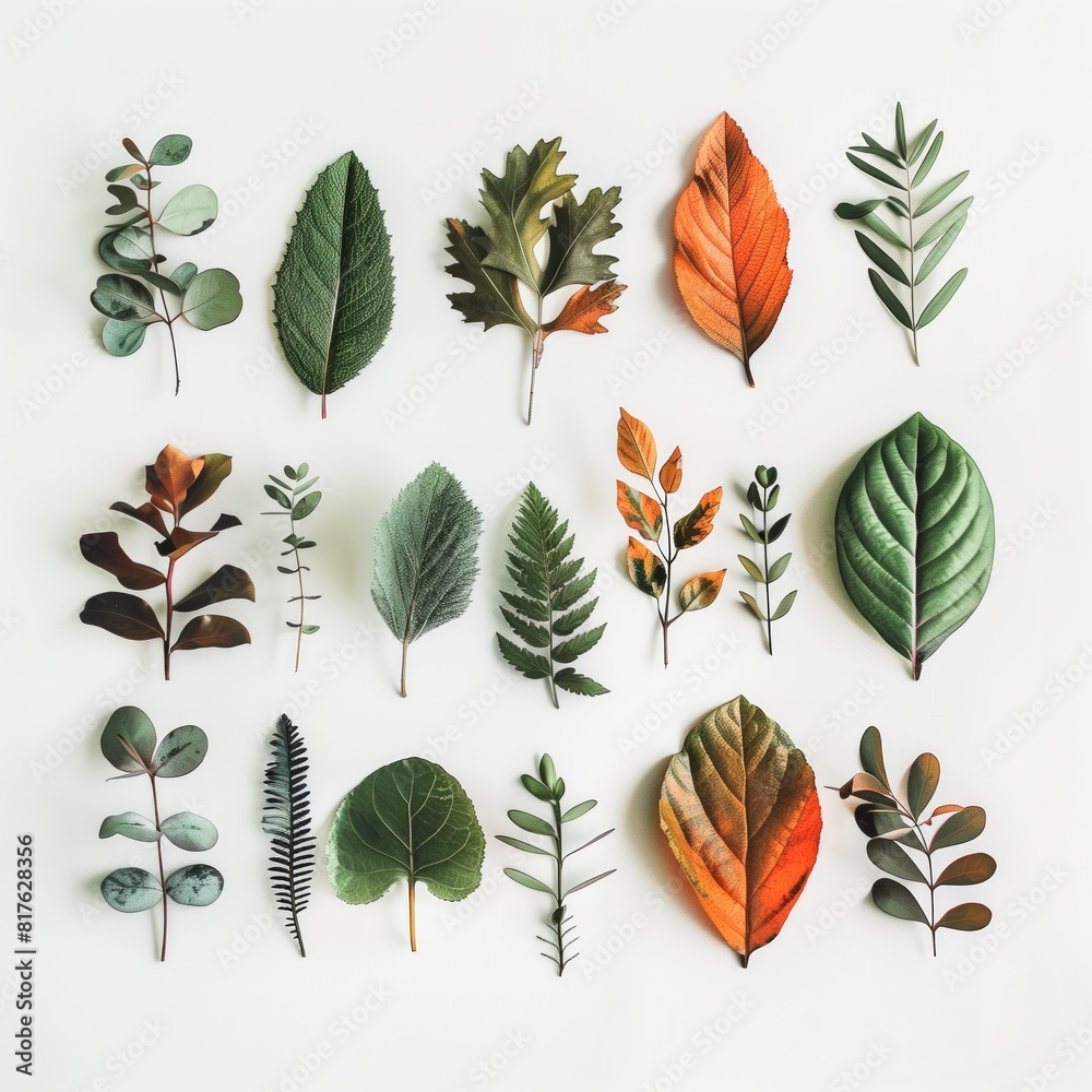 Fototapeta premium Various Fresh Green Leaves Arranged Neatly on White Background