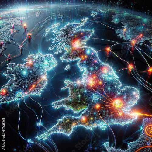 UK energy map showcasing vibrant nodes of power consumption and generation, with glowing lines marking the flow of electricity.