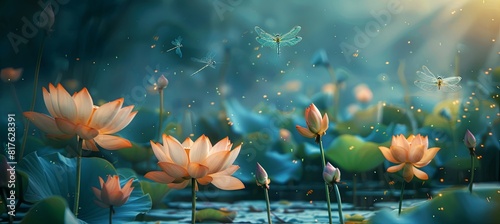 lotus flower  dragonflies flying around
