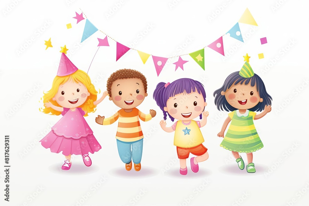 Group of kids with pinata, celebration theme watercolor illustration