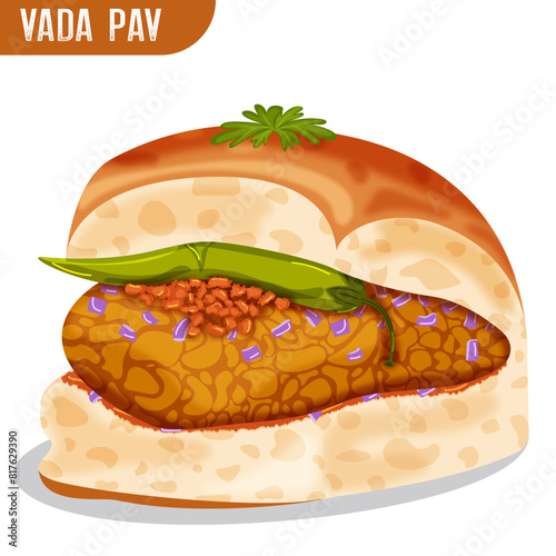 Vada Pav with Red Chutney & Onions - Authentic Indian Street Food Illustration 