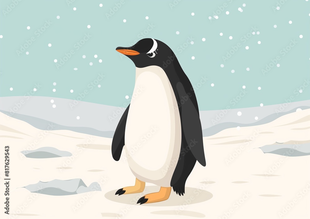 Obraz premium Cheerful Cartoon Penguin in Snowy Landscape - Winter Wildlife Illustration