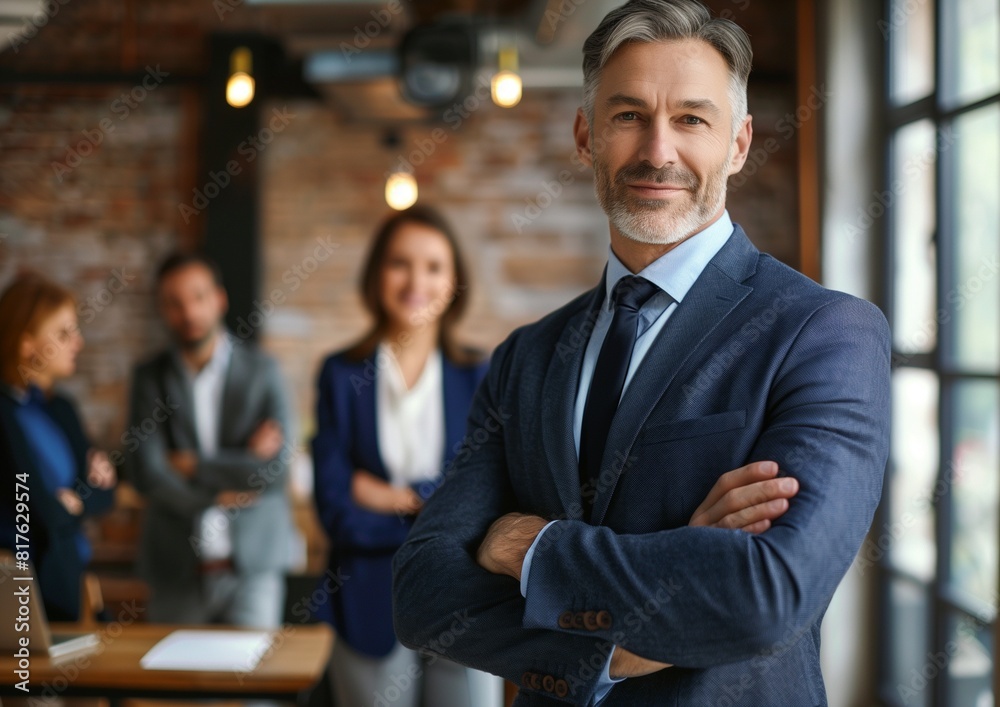 Confident Senior Businessman Posing with Team in Modern Office Space Confident Senior Businessman Posing with Team in Modern Office Space