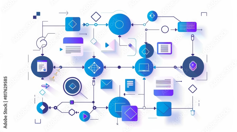 A blue and white image of a computer network with many different icons and shapes. Concept of a complex and interconnected system, with each icon representing a different aspect of the network A blue and white image of a computer network with many different icons and shapes. Concept of a complex and interconnected system, with each icon representing a different aspect of the network