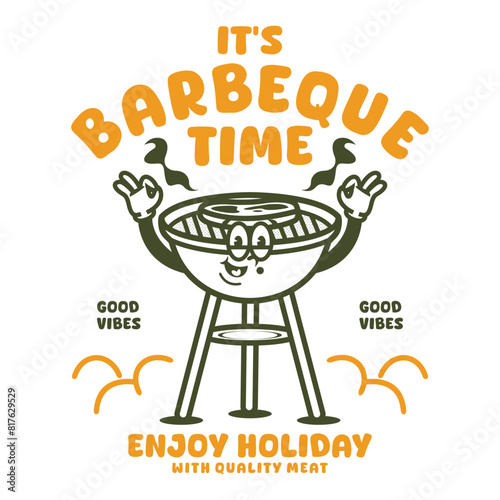 Funny cartoon character of barbeque. Can be used as Sticker, posters, prints. The comic elements in trendy retro cartoon style. Vector illustration
