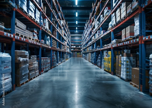 Modern Warehouse Interior with Shelves Stocked with Boxes and Goods at Night © Qstock