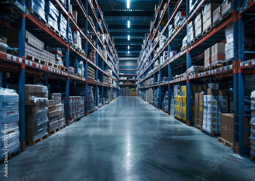 Modern Warehouse Interior with Shelves Stocked with Boxes and Goods at Night