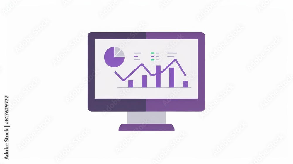 A computer monitor displays a graph with a purple background. The graph is a pie chart with a few different colored sections A computer monitor displays a graph with a purple background. The graph is a pie chart with a few different colored sections