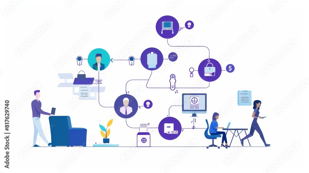 A diagram of a network of people and devices, with a man sitting on a couch and a woman walking by A diagram of a network of people and devices, with a man sitting on a couch and a woman walking by