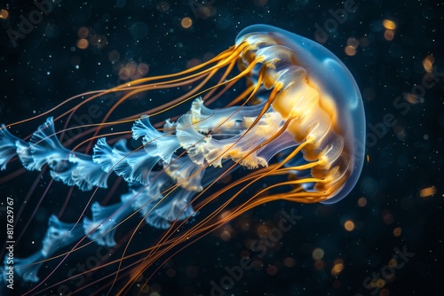 A jellyfish with long tentacles is floating in the water