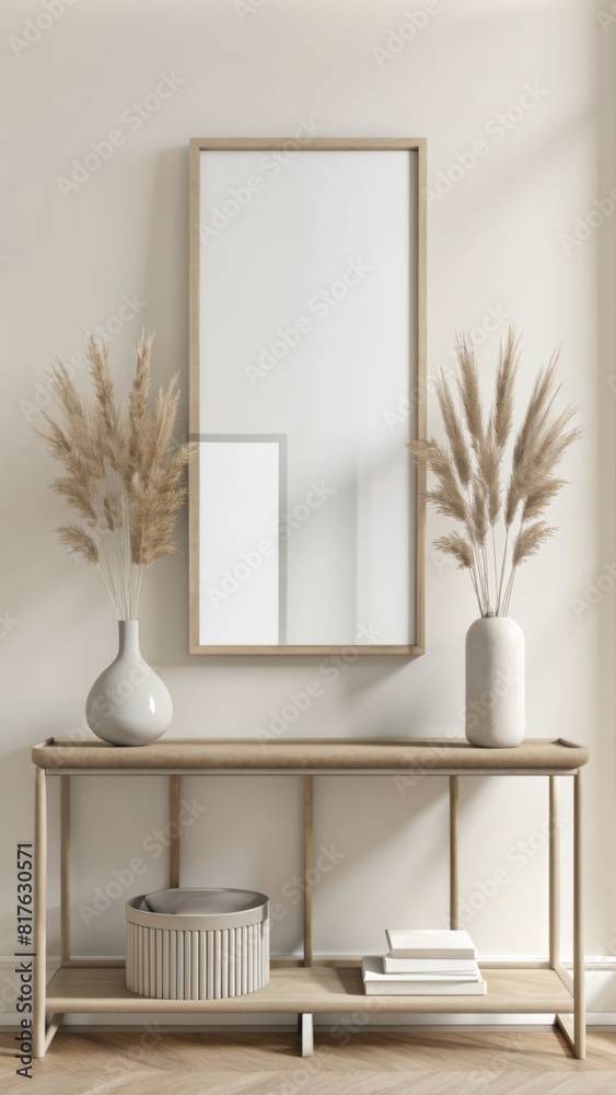 A blank poster frame sits on top of an elegant console table, with a beige wall in the background under soft lighting, the style should be modern and minimalist, the mood peaceful and serene. A blank poster frame sits on top of an elegant console table, with a beige wall in the background under soft lighting, the style should be modern and minimalist, the mood peaceful and serene.