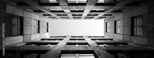 A black and white photograph capturing the symmetry of architectural lines.