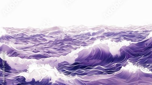 A vast ocean with a purple and white color scheme. The waves are crashing against the shore  creating a sense of movement and energy. Scene is serene and calming