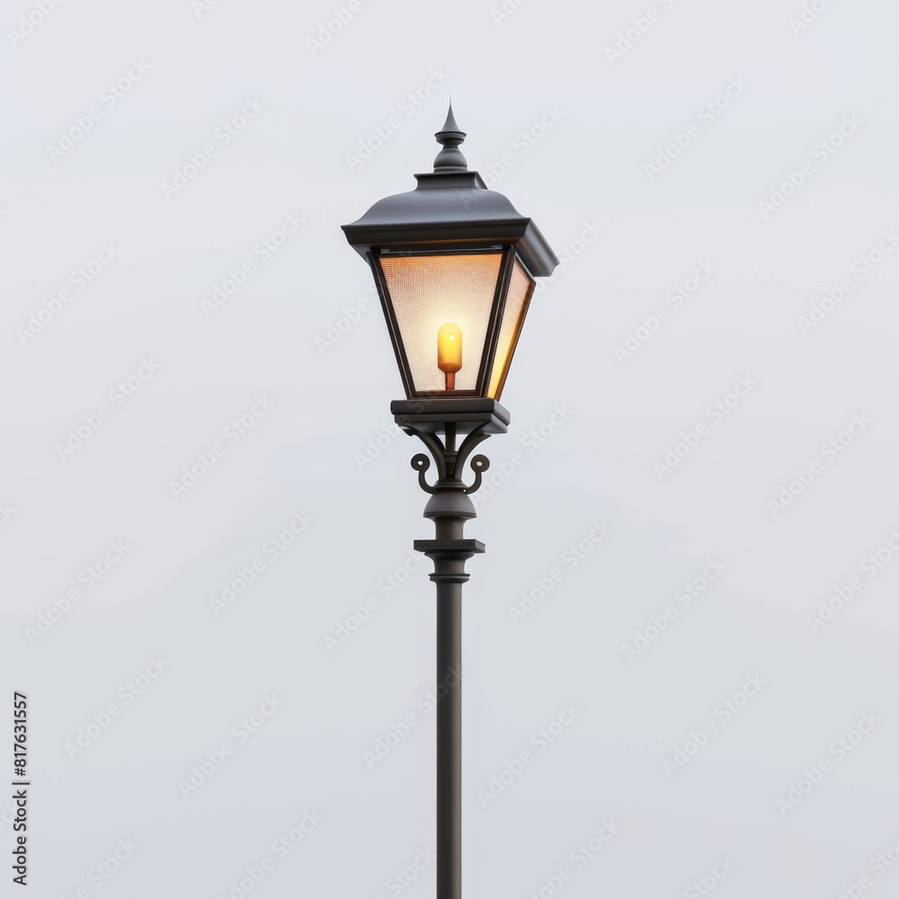 a simple black street lamp, isolated on a white background with glowing lamp