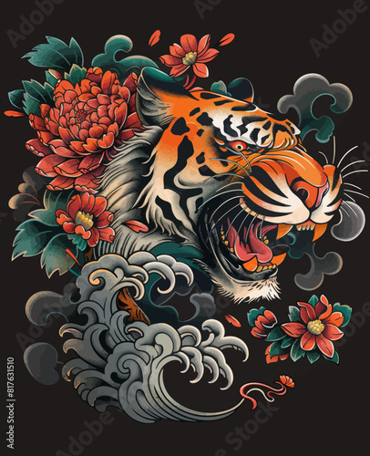 a tiger with flowers on it's head