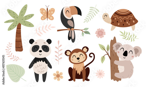 Jungle animals clipart. Tropical clipart. Safari animal clip art in cartoon flat style. Tropical plants. Hand drawn vector illustration.