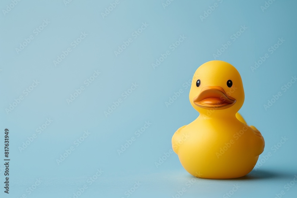 A yellow rubber duck is sitting on a blue background A yellow rubber duck is sitting on a blue background