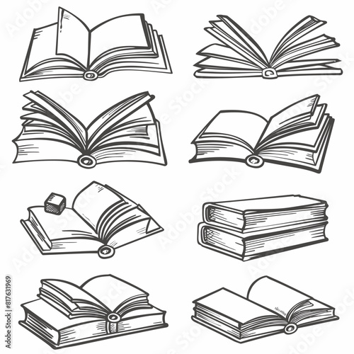a bunch of books that are on a white background