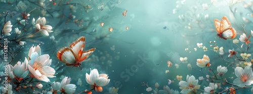 Enchanting scene of butterflies flying among blossoming flowers under a hazy sky