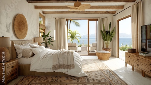 A large bedroom with a white bed, a white rug, and a white curtain. The room has a beach theme with a view of the ocean