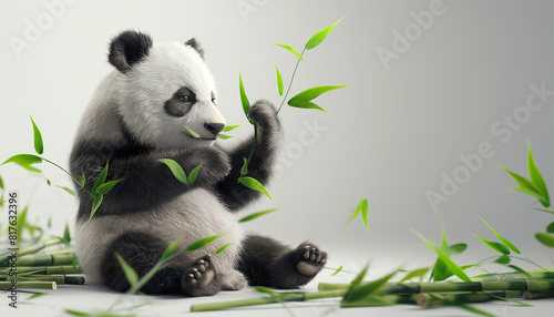 A cute panda bear cub is sitting on a branch of bamboo