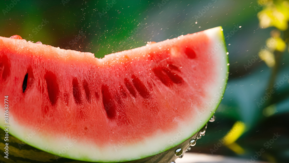 A close-up of a juicy watermelon slice, its vibrant red flesh glistening with droplets of condensation, seeds peeking out playfully. A close-up of a juicy watermelon slice, its vibrant red flesh glistening with droplets of condensation, seeds peeking out playfully.