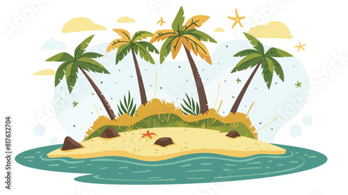 Sand island with palm trees. Tropical deserted uninha