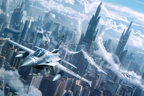 F-16 dogfighting with a futuristic aircraft above a sci-fi cityscape photo