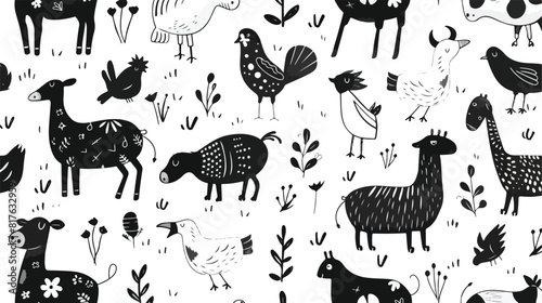 Scandistyle farm animals seamless pattern. Cute dood