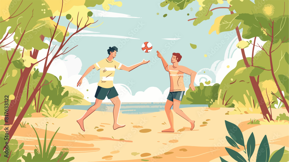 Scene of young men playing ball in nature in summerti