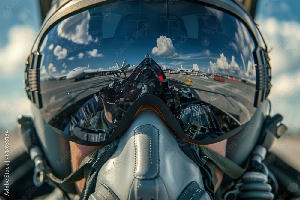 F-16 reflected in the mirrored sunglasses of a pilot standing on the tarmac F-16 reflected in the mirrored sunglasses of a pilot standing on the tarmac