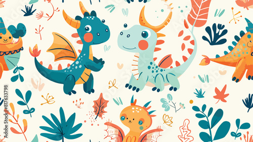 Seamless childish pattern with cute dragons. Kids background