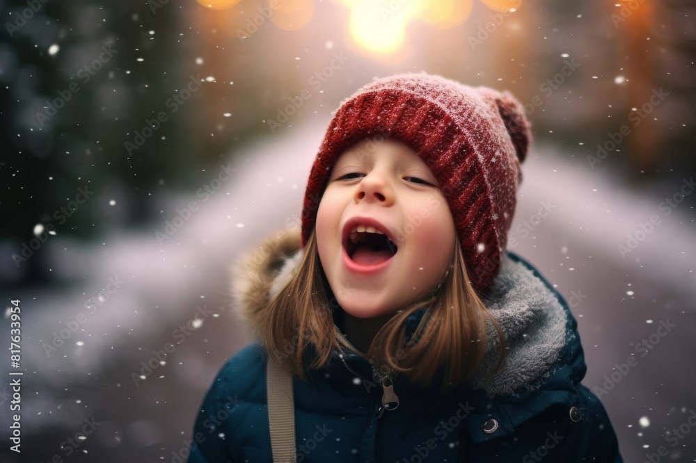 happy child enjoys first snow. child in hat and jacket is squinted and catches snowflakes with his tongue. close up and copy space happy child enjoys first snow. child in hat and jacket is squinted and catches snowflakes with his tongue. close up and copy space