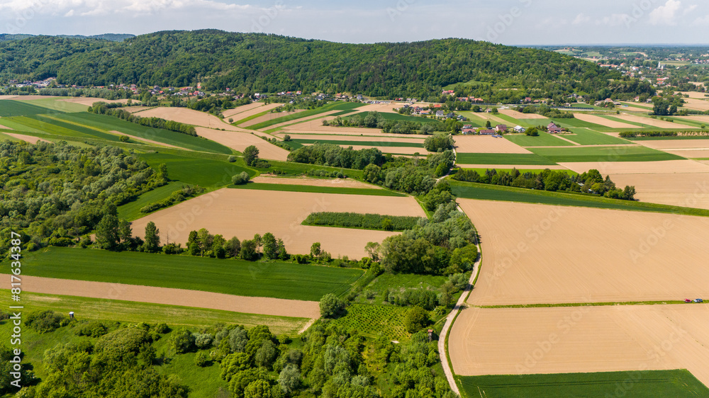 Farm fields in summer, Poland. Aerial drone view