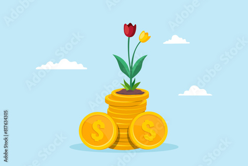 Flat illustration of stack coins sprouting flowers beautiful growth and returns of investments