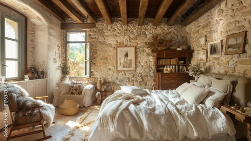 A bedroom with a bed, a chair, and a bookcase. The bed is covered in white sheets and pillows