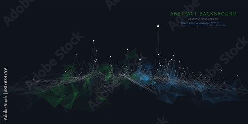 Abstract  background grid with data  dots in noisy net on dark. Technology wireframe concept data  in virtual space. Banner for business, science and technology data analytics. Big Data.
